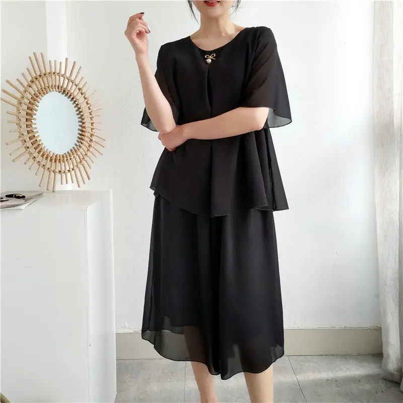 Summer New Ladies Suits Solid Color Round Neck Fashion Short Sleeve T-shirt Women High Street Elastic Waist Wide Leg Trousers