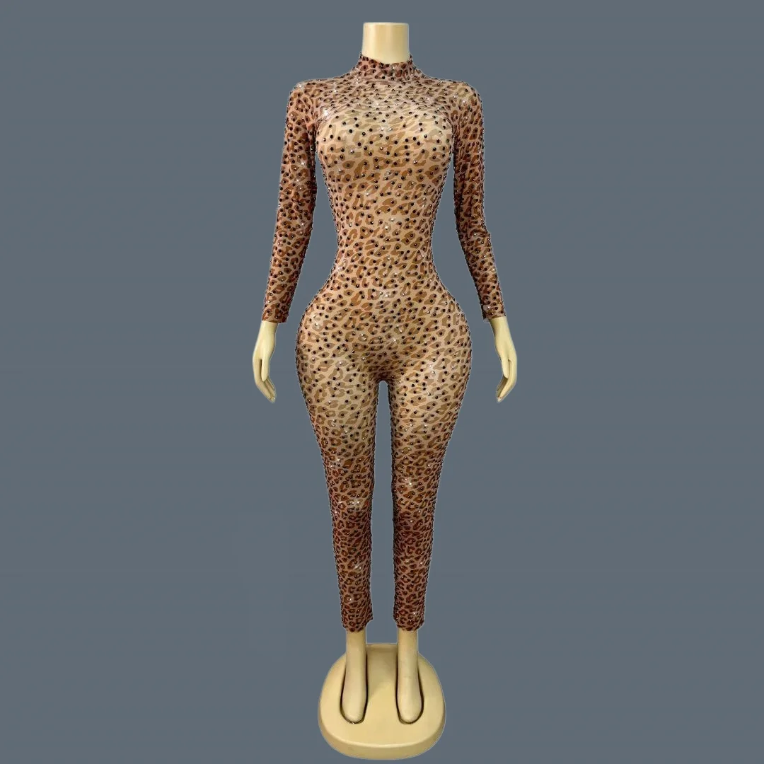 Leopard Print Sparkly Rhinestone Catsuit Women Long Sleeve High Neck Tight Fitting Jumpsuit Stage Performance Jumpsuit Baozi
