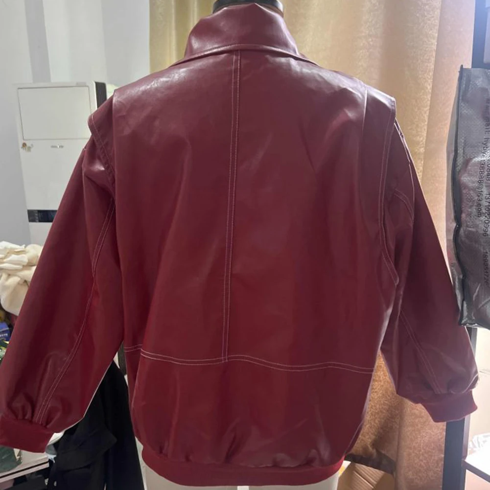 Chaquetas geniales de solapa recortadas empalmadas de cuero PU de otoño para mujer abrigos Vintage de moda