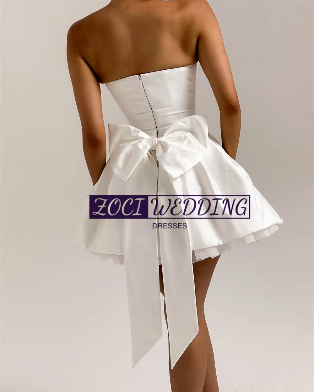 Zoci Elegant Strapless Short MIni Wedding Dresses Customized Draped Satin A Line Bride Dress Sleeveless Backless Bridal Gown image 2