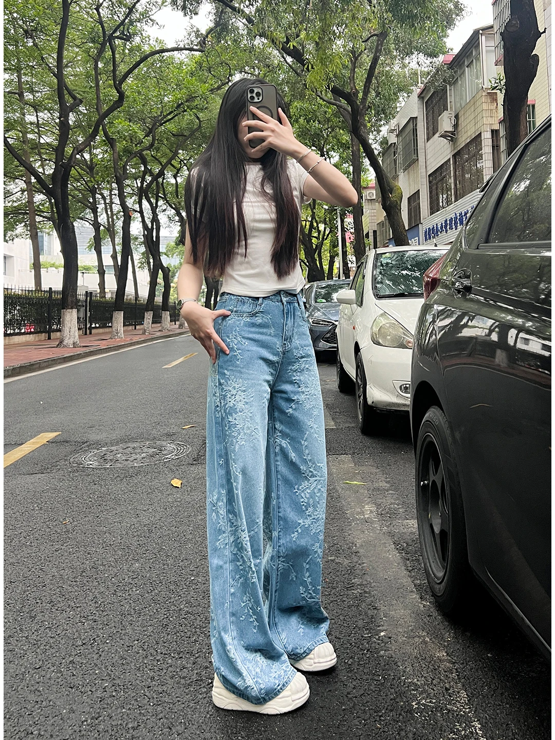 Embroidered Floral Wide Leg Jeans Women's Summer New Thin Printed High Waist Drape Slim Straight Tube Pants Casual Style
