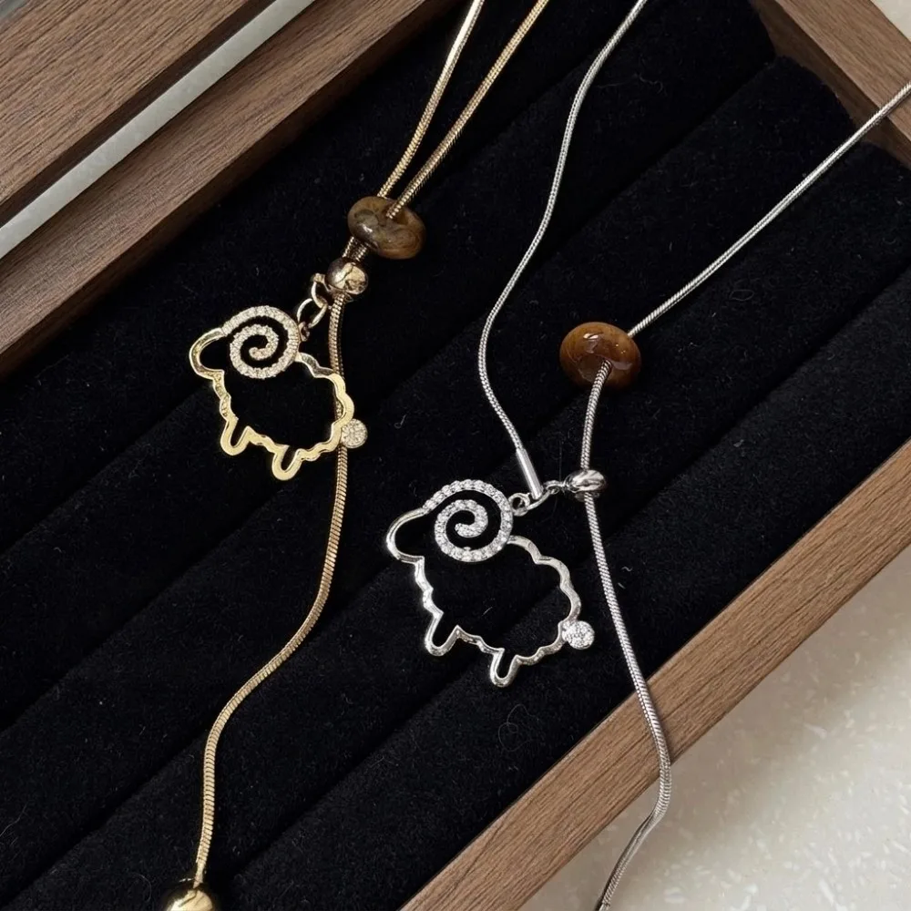 Cute Alloy Sheep Pendant Necklace Adjustable Y-Shaped Sweater Chain Irregular Tiger Eye Stone New Year Long Necklace Daily Wear