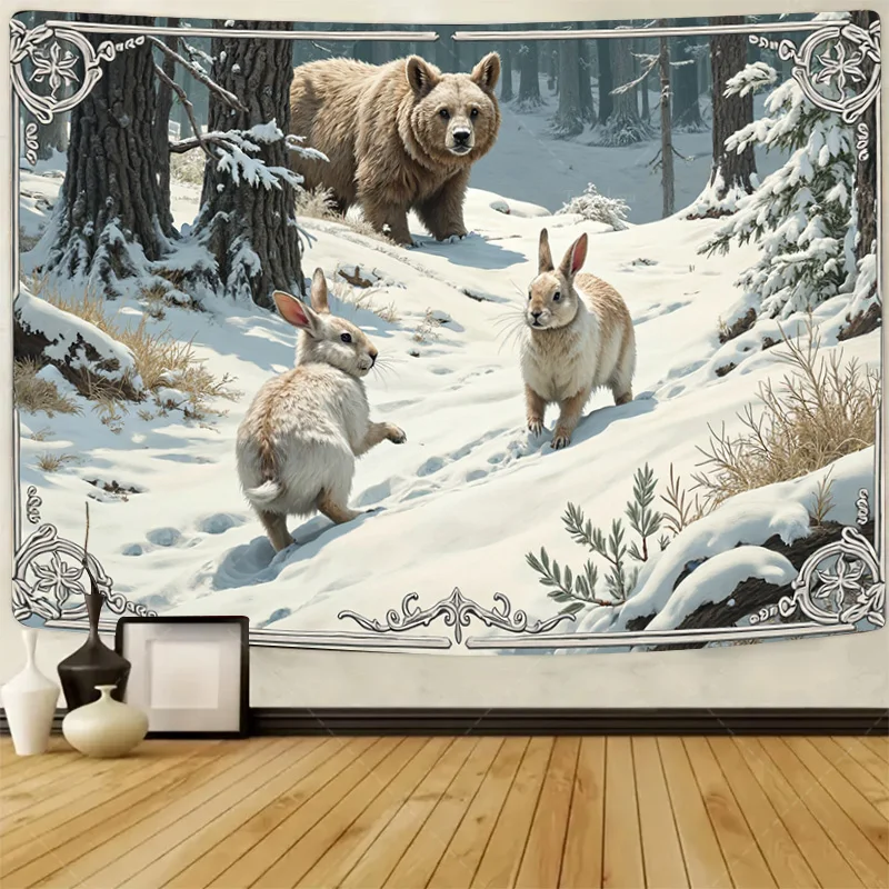 

1шт настенный гобелен "Зимняя страна чудес: медведи и кролики в снежном лесу гобелен"