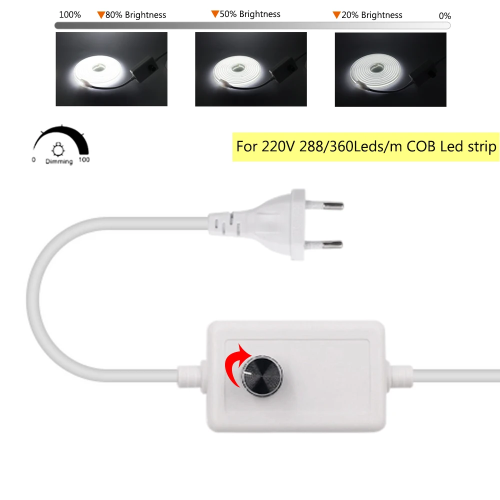 COB Light Brightness Adjustable LED Dimmer Switch with EU Plug For 220V 288/360Led COB Strip Light Power Supply Adapter