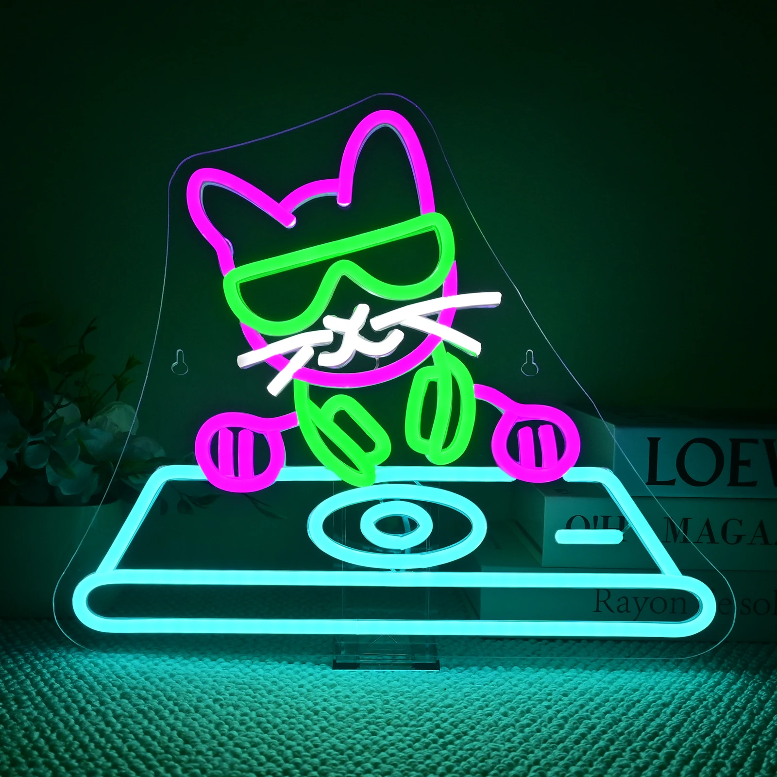 DJ Cat Neon Signs For Wall Decor Creative Light Up Sign Cool Room Decoration For Bedroom Music Bar Club Party Dimmable USB Lamp