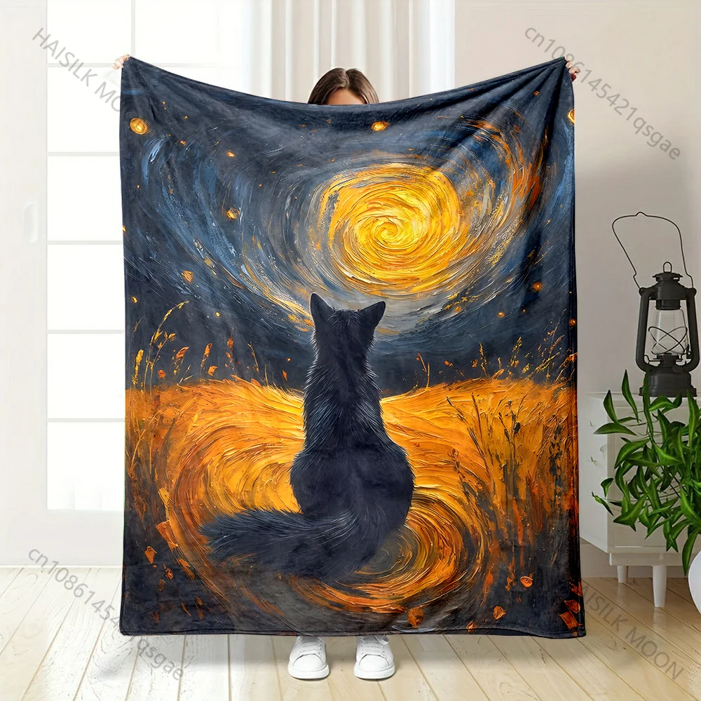 1PC Black cat gazes at vortex Print Adult Children Warm Blankets Home Travel Car Soft and Comfortable Suitable for all seasons