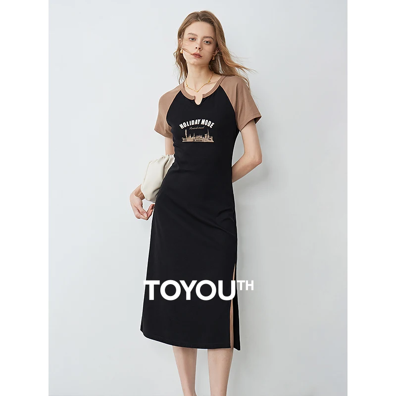 

TOYOUTH Women Round Neck Short Sleeved Dress 2024 Summer New Raglan Sleeve Splicing T-shirt Skirt