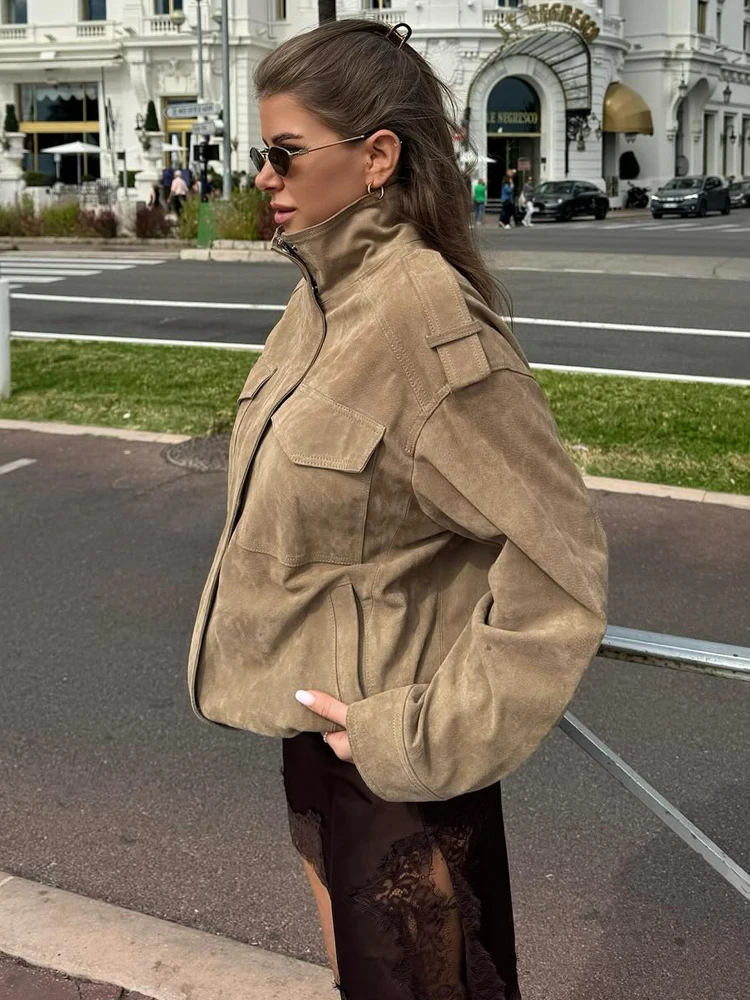 HH خمر فضفاض الصلبة سترات من جلد الغزال 2026 ربيع المرأة موضة سستة Bomber جاكيتات طويلة الأكمام التلبيب معطف الشارع أبلى