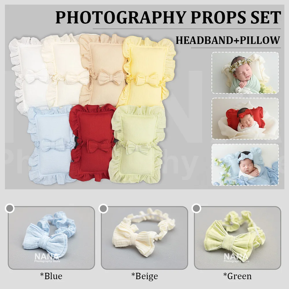 

Professional Newborn Photography Accessories Bow Elastic Headband Ruffle Pillow Soft Props Set for Studio Baby Milestone Session