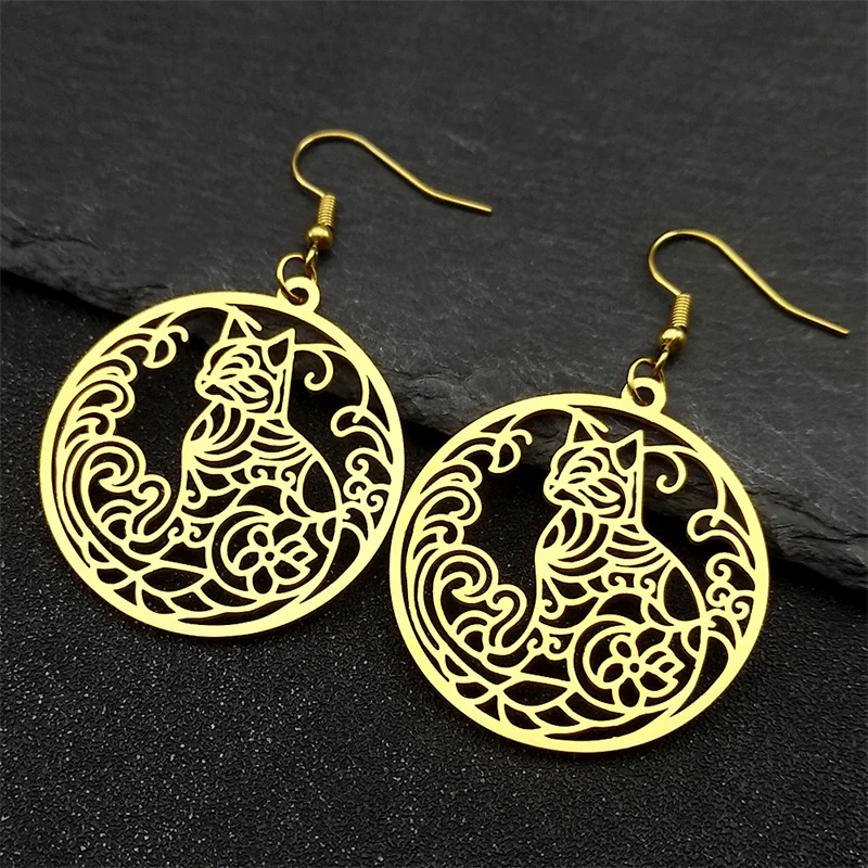 Hollow Cat Flower Of Life Pendant Earrings For Women Men Stainless Steel Gold Color Love Kitty Kawaii Dangle Earrings Jewelry