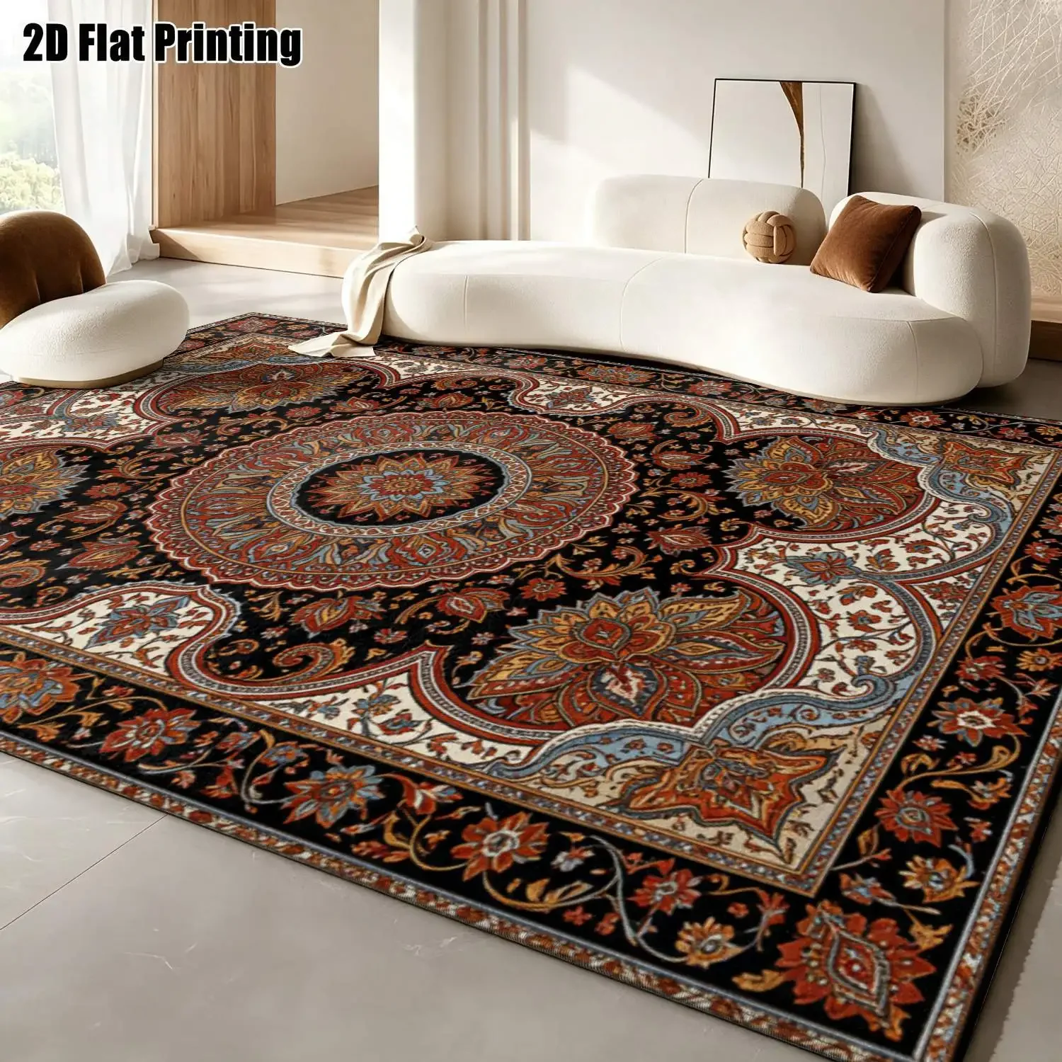 1Pc 2D Printed Carpet: Red-Brown Retro Scroll Flower Pattern, Vintage/European/Bohemian Style, Machine Washable, Multi-Size for