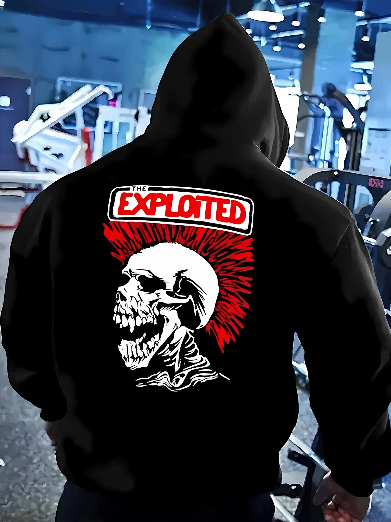 Unisex Punk Rock The Exploited Skull Back Print Hoodie, Vintage Rock Music Loose Fleece Sweatshirt Autumn Winter