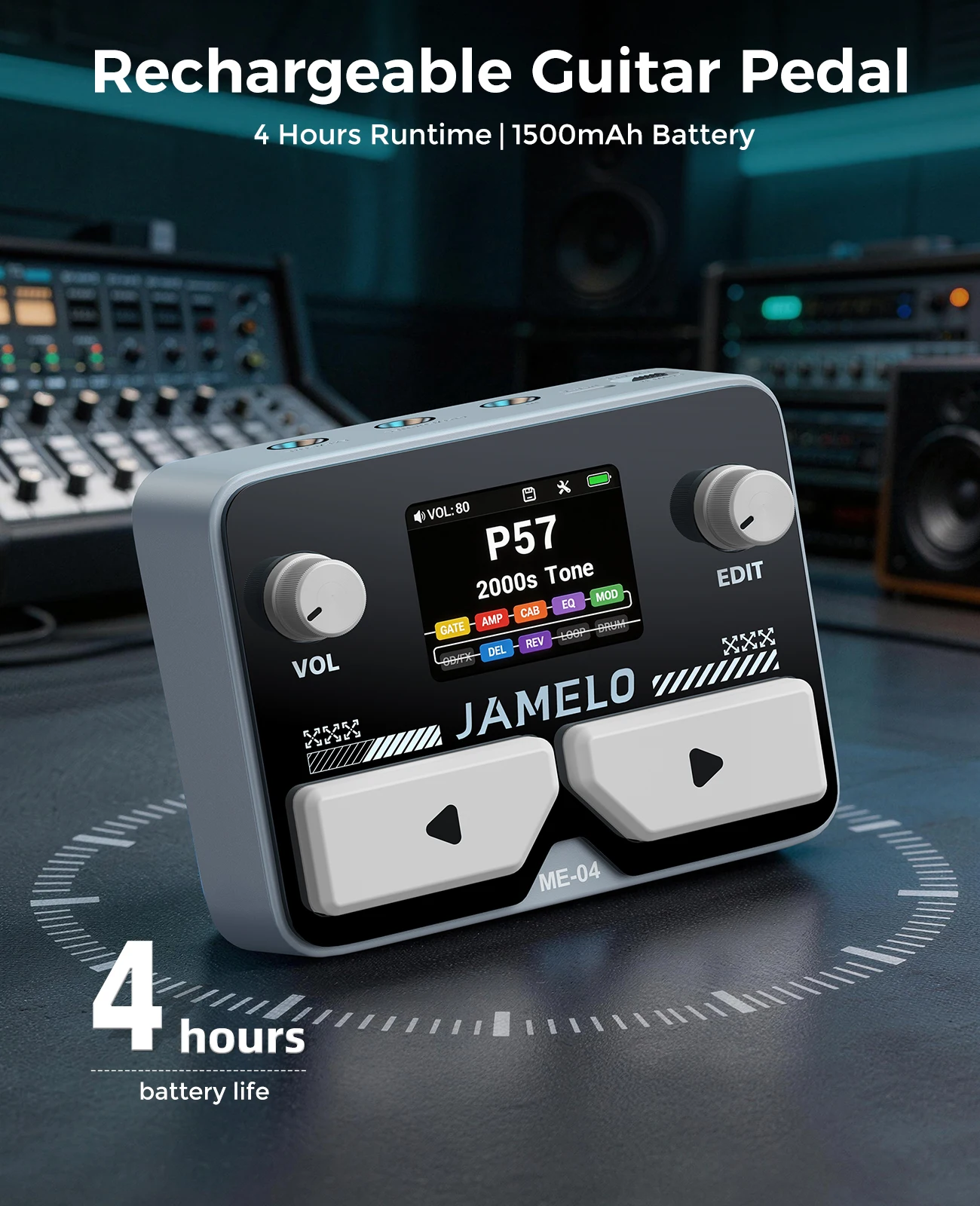 Jamelo Me-04 Mini Electric Guitar Multi-Effect Pedal With10 Simultaneous Modules,100 Drum Patterns& 40-Second Looper,4H Battery