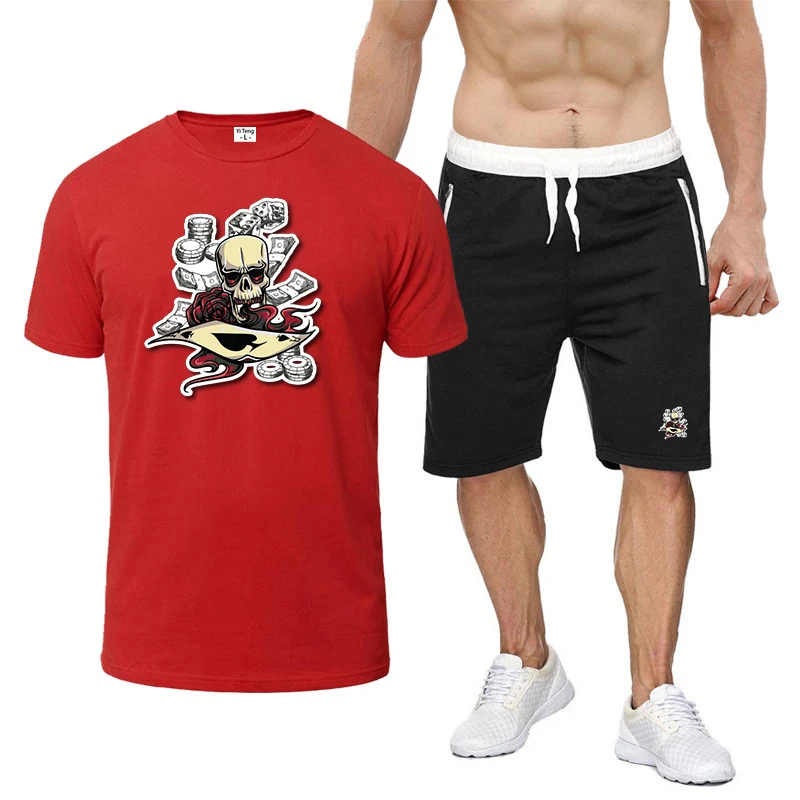 الجمجمة بوكر رقاقة نمط 2025 تيشيرت صيفي + السراويل الرياضية الشارع الشهير رقيقة بدلة رياضية الرجال جديد ثمانية ألوان قصيرة الأكمام مجموعة #4