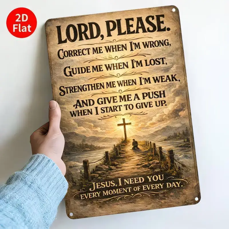 Vintage Religious Metal Tin Sign - Retro Cross & Prayer Scene with Inspirational Bible Verse, Iron Wall Art for Home, Church, Of