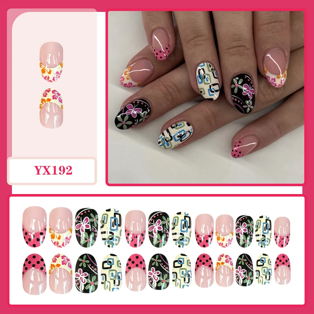 Fake Nails Retro Floral Geometric Press on Nails Nude Short Oval False Nail for Women 24pcs Reusable Acrylic Nails Daily Party