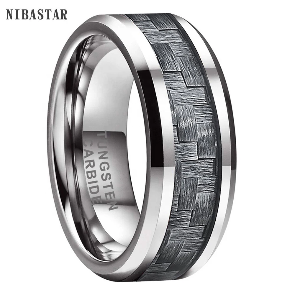 Black Carbon Fiber Jewelry 8mm Tungsten Steel Carbide Ring Mens Wedding Band New US Size 7-10