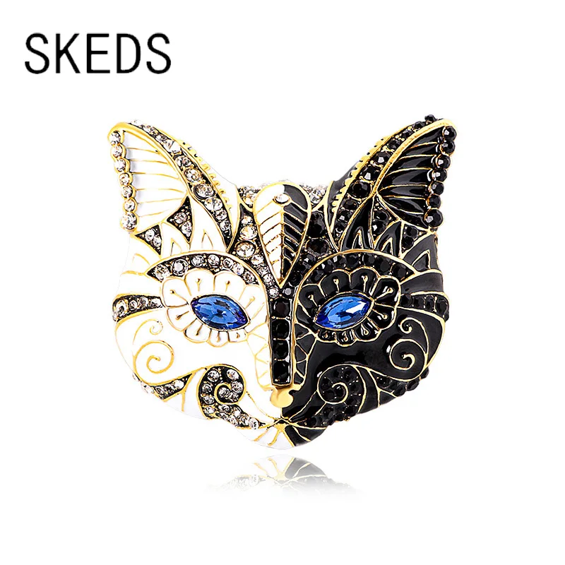 SKEDS Women Men Vintage Crystal Cat Mask Enamel Pins Brooches Unisex Classic Retro Palace Painting Suit Office Badges Corsage