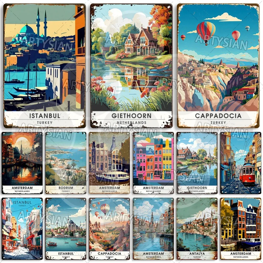 Netherlands Turkey Travel Cityscape Metal Sign Istanbul Bodrum Cappadocia Amsterdam Antalya Bodrum Giethoorn Metal Plaque