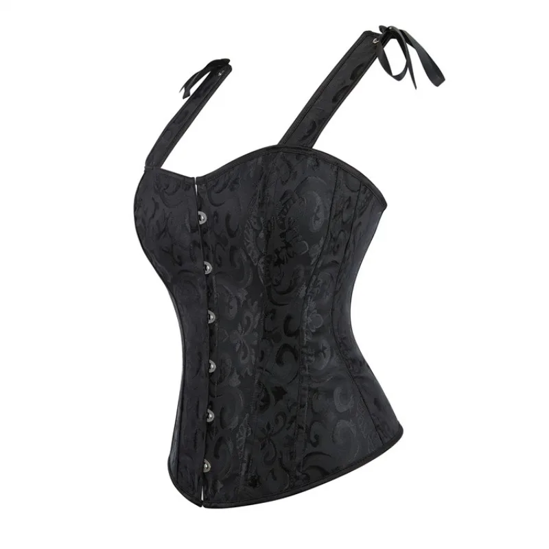 Corsetto Top con spalline Overbust Vintage Jacquard Gothic Women Bustier Lace-Up Corselet Vest nero