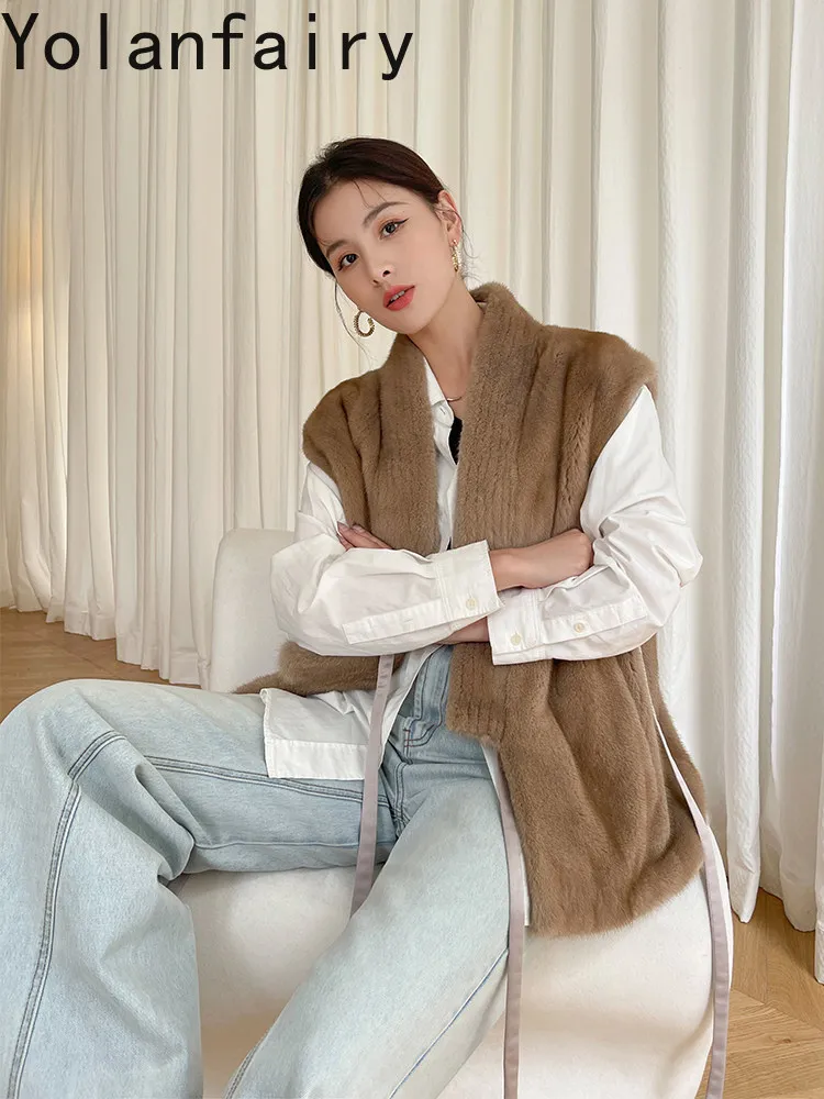 YOLANFAIRY Luxury 100% Real Mink Fur Coats for Woman Winter Elegant Sleeveless Natural Fur Jacket Whole Mink Waistcoat Women