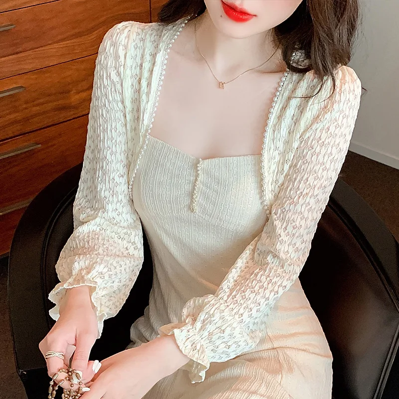 2024 Spring Summer Ladies Lace Shirts Sweet Long Flare Sleeve Beaded Collar Womens Short Cardigans Female Blouse Sunscreen Shirt