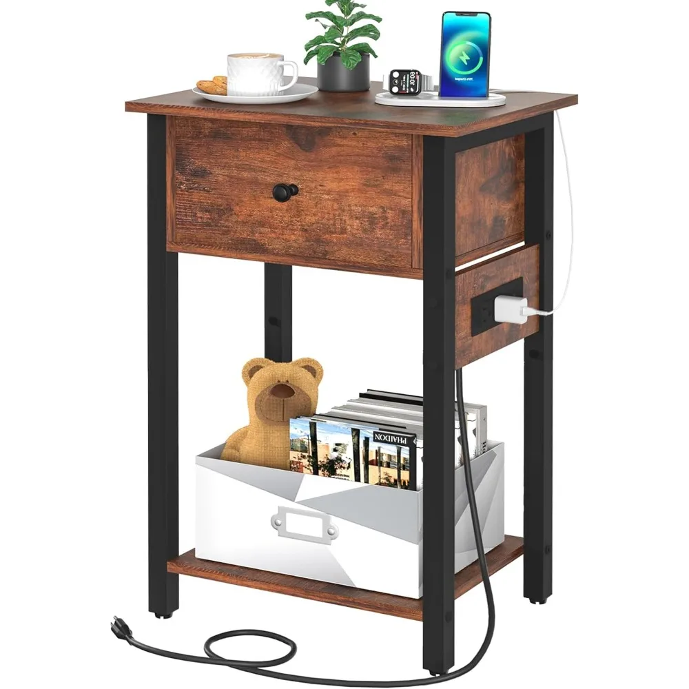 Nightstand with Charging Station, Side Table End Table with Large Drawer and Storage Shelf, Bed Side Table