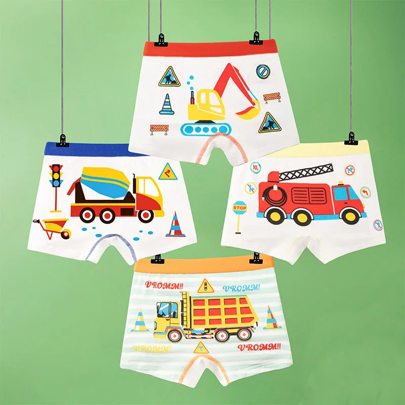 Kinderunterwäsche aus Baumwolle, weich, atmungsaktiv, lustige Motive: Feuerwehrauto, Baufahrzeug, Hubschrauber, Schiff, Kinderkleidung, Boxershorts, Unterhosen für Jungen – Detail 2