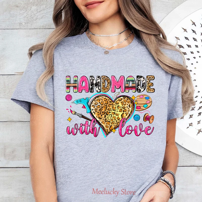 Handmade with love letter print pattern Women's Summer Refreshing and Breathable Pure Cotton Fabric Short sleeved T-shirt