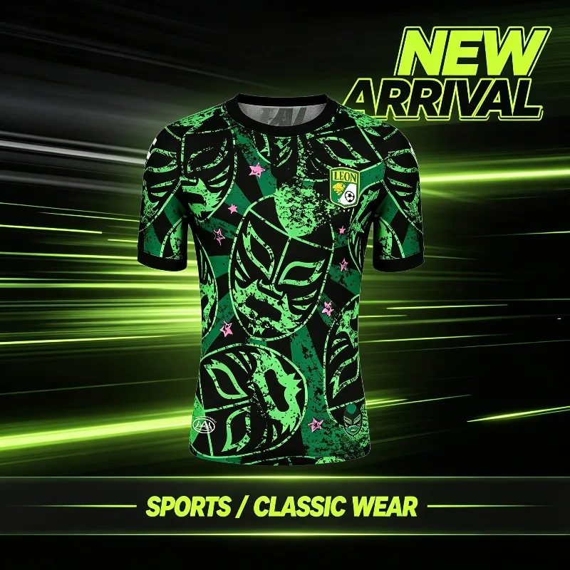 León Lucha Libre Mask Theme Soccer Jersey Mexico Full Graphic All‑Over Print Short Sleeve Outdoor Kids Sport Fan Special Uniform