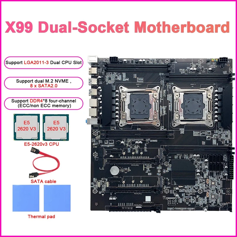 

X99 Dual-Socket Mining Motherboard+2XE5-2620 V3 CPU+2Xthermal Pad+SATA Cable LGA2011-3 Dual CPU DDR4 RAM Slots 8XSATA2.0