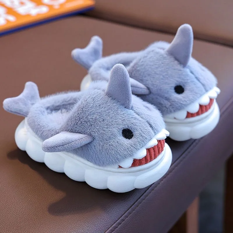 New Winter Wrap Heels Cute Cartoon Shark Cotton Slippers Children's Non-slip Soft For Kids Girls Boys Baby Warm Plush Home Shoes