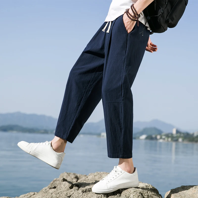 Summer Thin Cotton Linen Men's Straight Leg Casual Pants Loose Wide Leg Nine Points Leisure Trousers Pure Color mid Waist