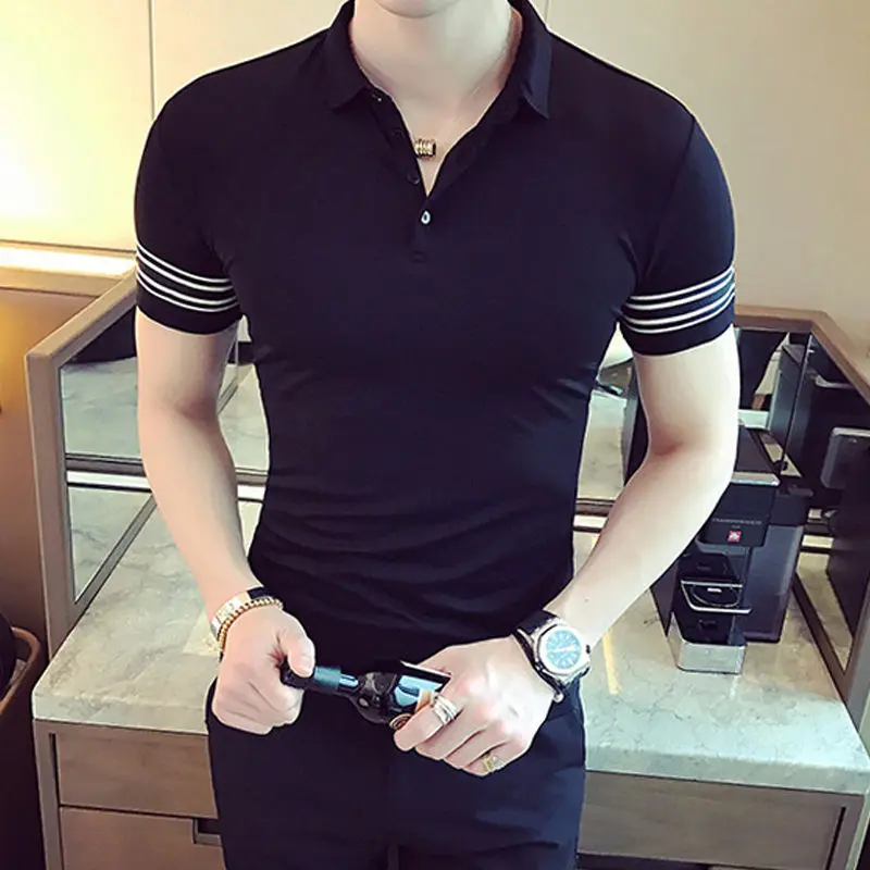 Man with Collar Tee Shirts Plain Streetwear Skinny Original Top Striped Slim Fit Basic Polo T Shirt for Men Gym Cotton Clothing