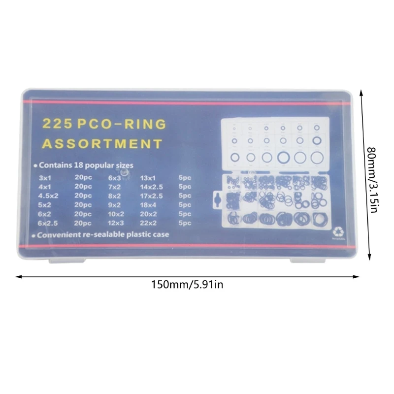 Pacote 225 anéis borracha preta, conjunto juntas, anéis vedação, 18 tamanhos, juntas arruela para encanamento,