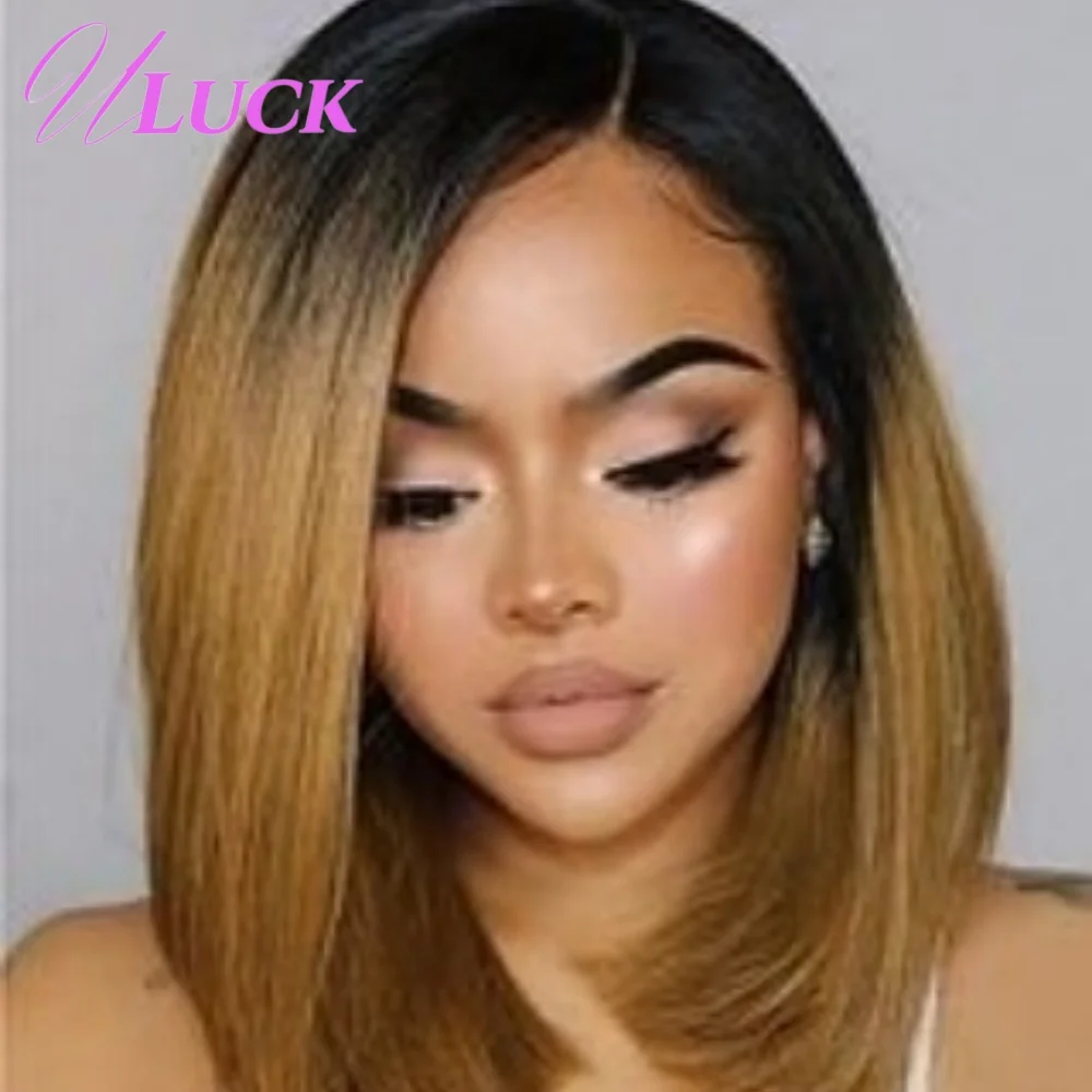 

Uluck Double Drawn Short Straight Bob Wig Ombre Brown Colored Human Hair Wigs 300% Density 2x6 Lace Frontal Wigs For Black Women