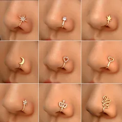 Shiny Crystal Rhinestone Hollow Heart Fake Piercing Nose Ring for Women Teens U-shaped Nose Clip Non-perforated Septum Jewelry