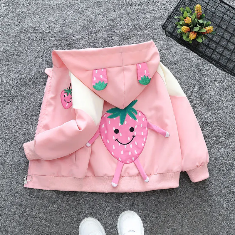 1 2 3 4 5 6 Years Baby Girls Jacket Strawberry Fashion Windbreaker Outerwear Hooded Zipper Girls Coat Birthday Gift Kids Clothes