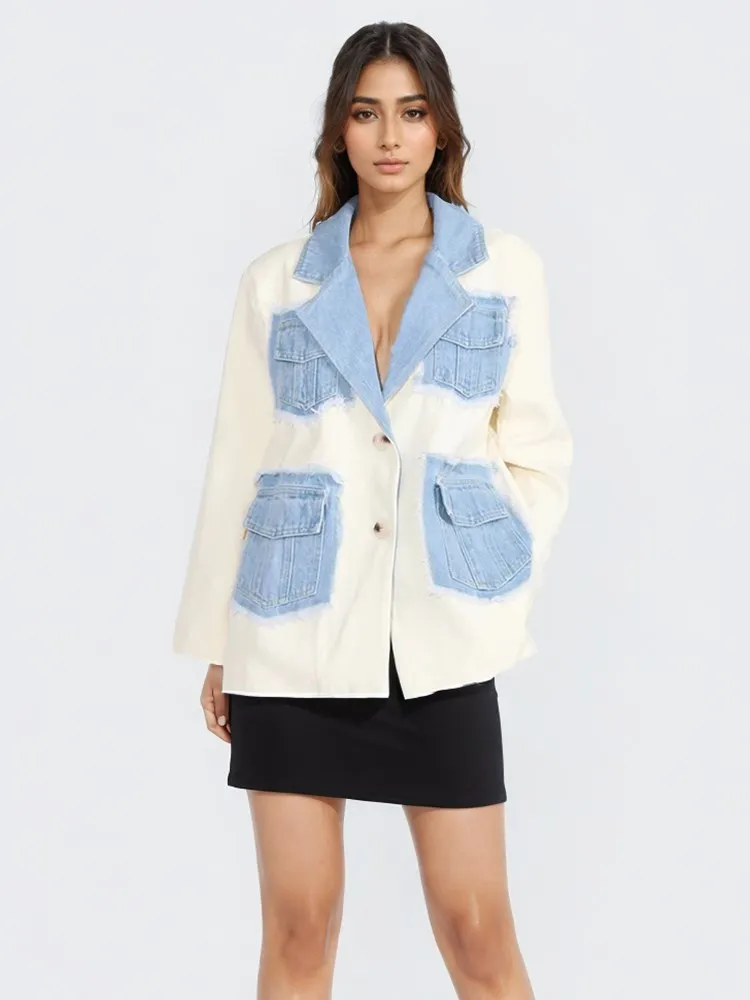 ECR Patchwork Denim Colorblock Blazer For Women Notched Collar Long Sleeve Single Breasted Loose Temperament Blazers Female New