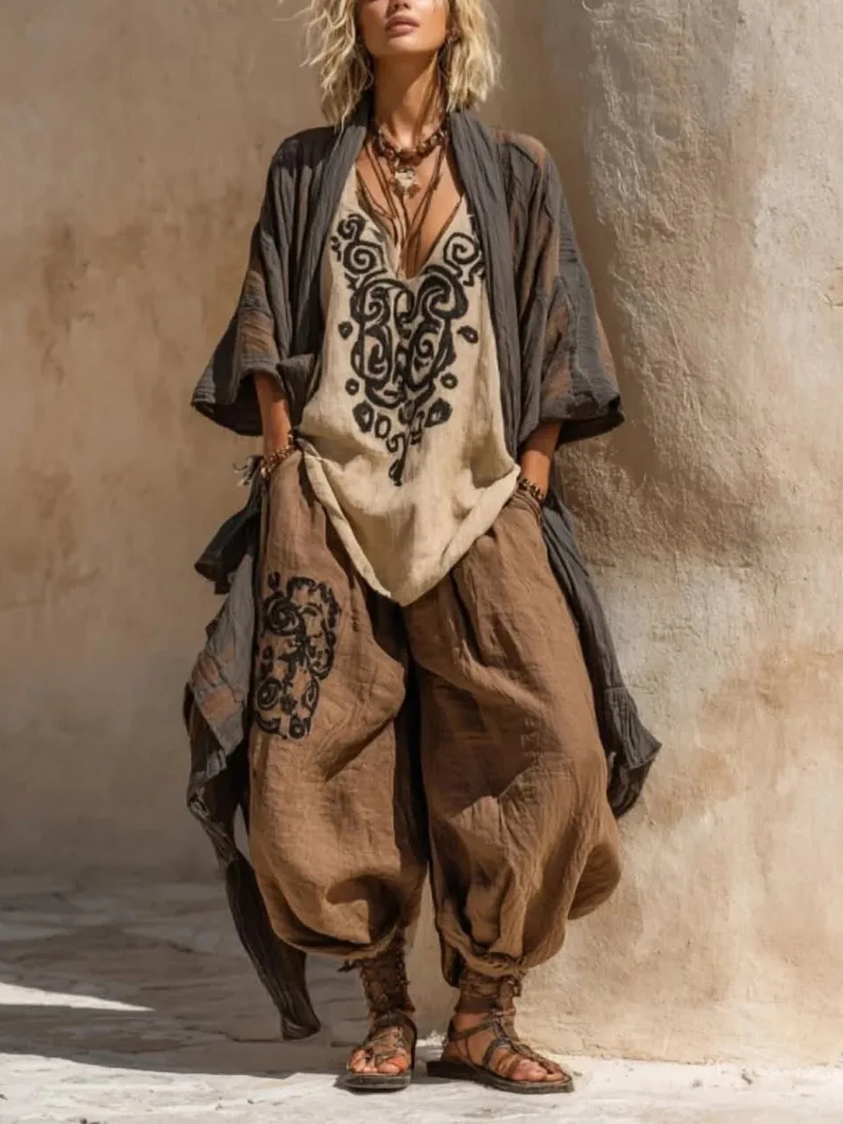 

V-neck Top + Shawl + Pants Fashion Suit Vintage Pattern Printed Spring Three Piece Set Casual Breathable Loose Women's Outfit