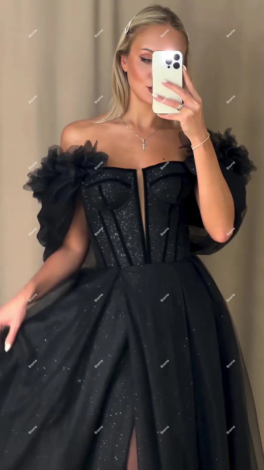 Booma Shiny A-Line Black Prom Dresses Off Shoulder Flowers Special Occasion Dress for Events High Side Slit Long Evening Dress