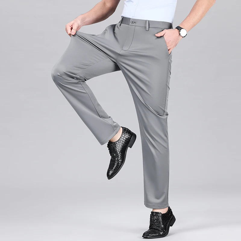 High-End Business Casual Pants Men's Summer Thin Ice Silk Cool Straight Slim Elastic Silky Daily Office Suit Pants