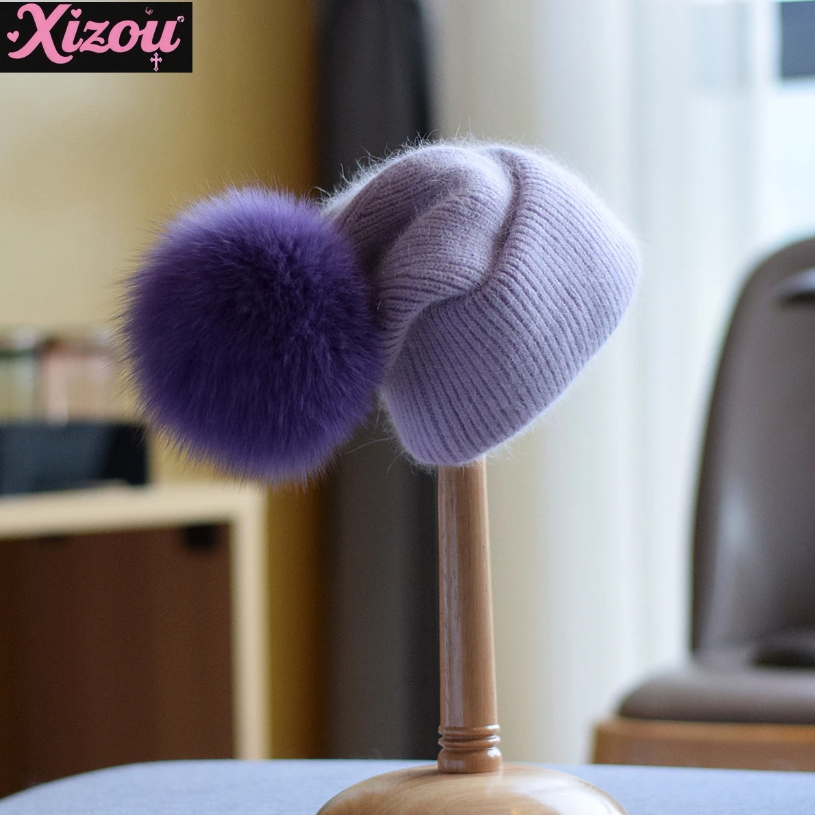 

Japanese Rabbit Plush Double-layer Hat Female Fox Hairball Autumn and Winter Versatile Knitted Hats Wool Hat Warm Pile Hat Tide