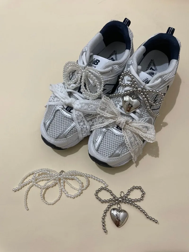 Korean Fashion Silver Bead Shoe Ribbon Pearl Shoe Decoration Sliver Heart for Sneaker Silver Bead Shoelace Silver Charm