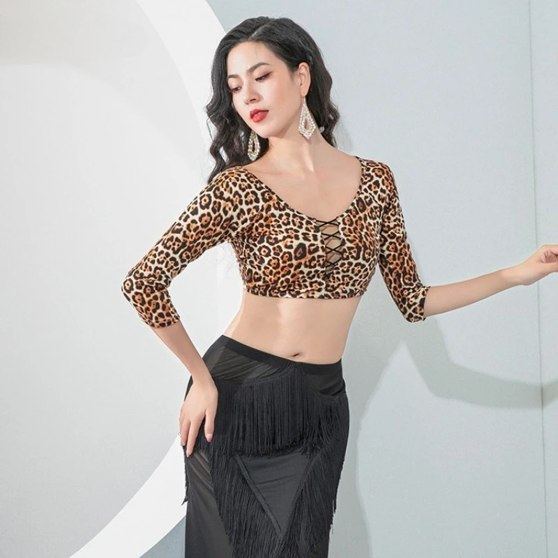 

Customized Belly Dance Clothing 2025 New Practice Dress Leopard Pattern Sexy High Waist Tassel Practice Top Bellydance Costumes