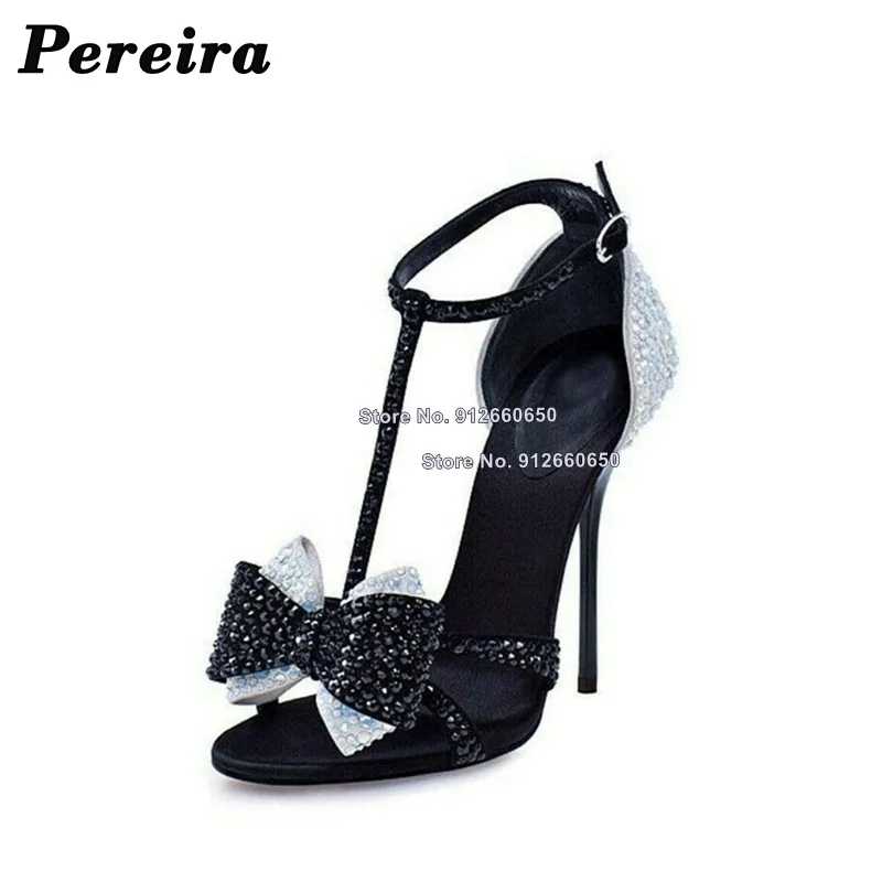 Pereira T Strap Bow Knot Crystal Sandals Black Heels Women Ankle Buckle Super Thin High Heel Wedding Shoes on Heels Gladiator