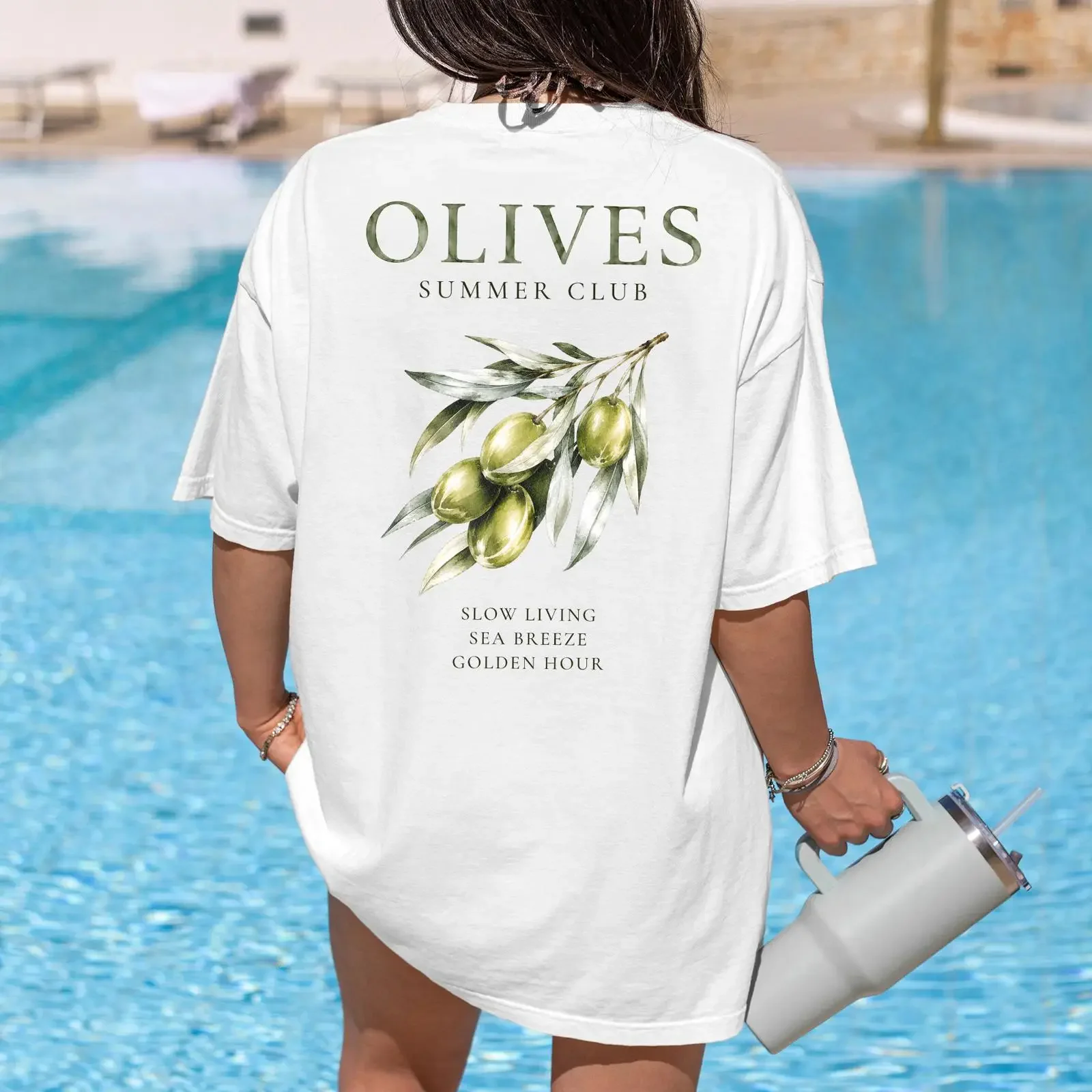 Olives Summer Club Oversized T shirt Mediterranean Olive Branch Italian Coastal Aesthetic Beach Vacation Top for Foodie s
