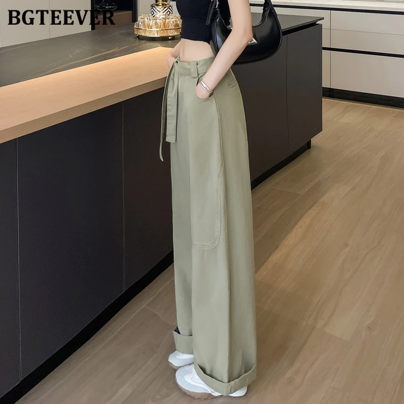 BGTEEVER Stylish Lace-up High Waist Straight Jeans Trousers for Women Summer Fashion Loose Women Pockets Wide Leg Denim Pants