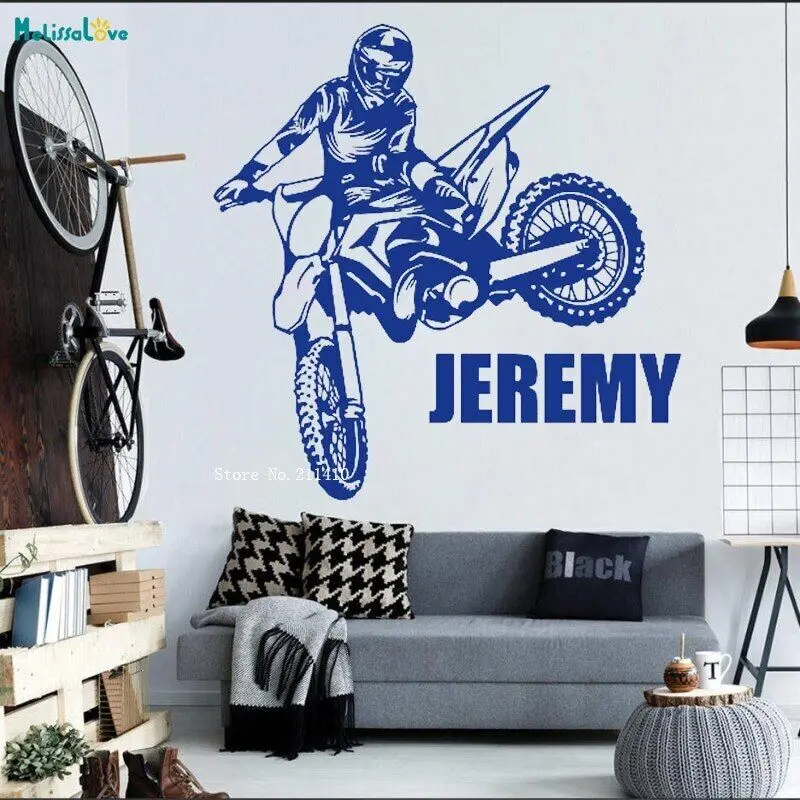 Vinyl Custom Name Motorcycle Wall Sticker Home Decoration For Kids Boys Room Self-adhesive Sticker Excited Sports YT4598