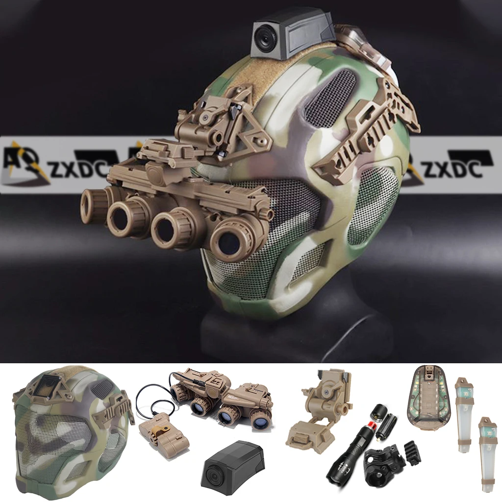 Steel mesh mask integrated tactical helmet set for airsoft protection,L4G24 NVG bracket, four-eye night vision model, Flashlight